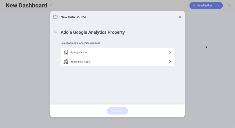 Select a Google account to be used with Reveal's Google Analytics data source