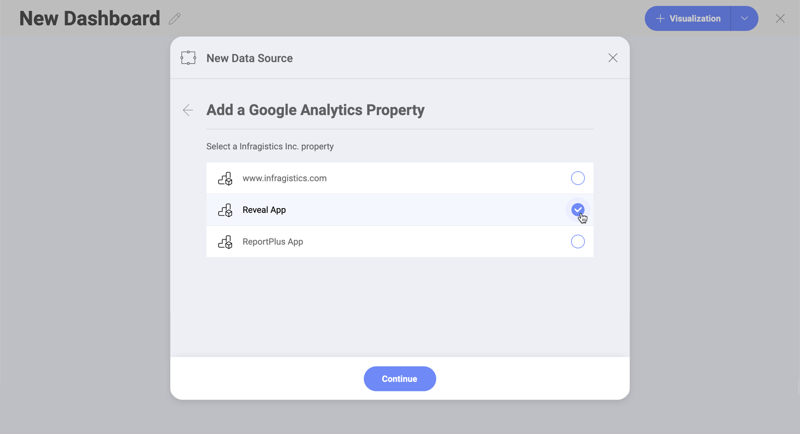 Select a Google property to be used with Reveal's Google Analytics data source