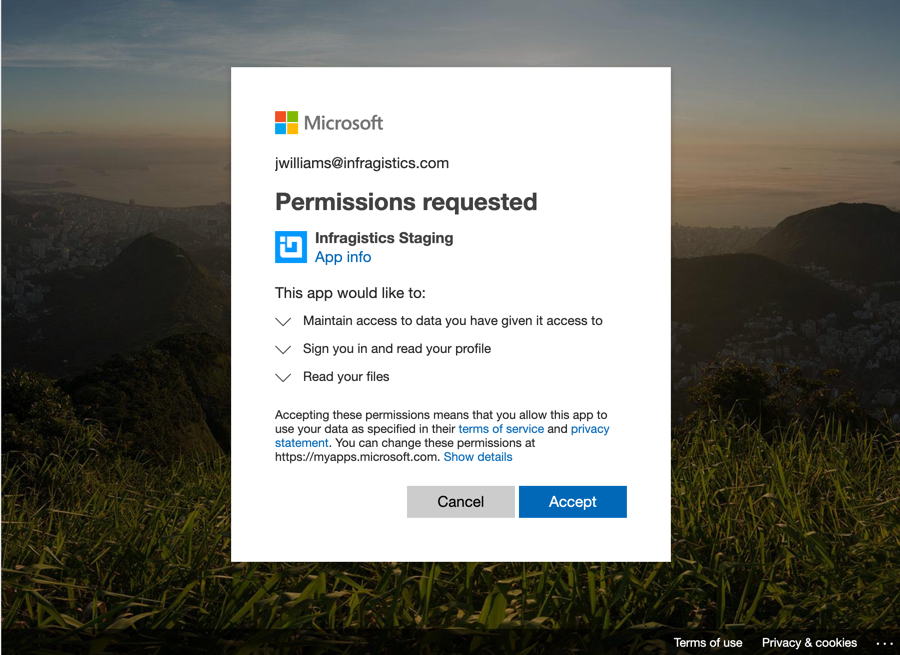 Limited permissions request Microsoft dialog