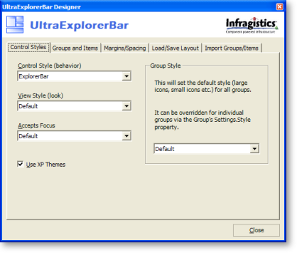 ultraexplorerbar's designer with control styles tab selected