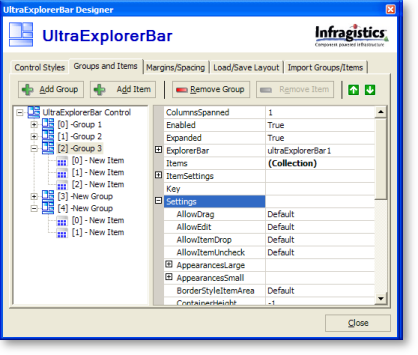 ultraexplorerbar's designer with groups and items tab selected