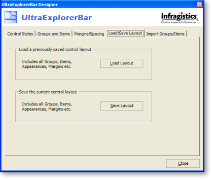 ultraexplorerbar's designer with load/save layout tab selected