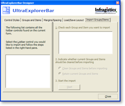 ultraexplorerbar's designer with import groups/items tab selected