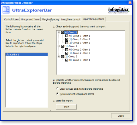 shows ultraexplorerbar's designer tab for import groups/items