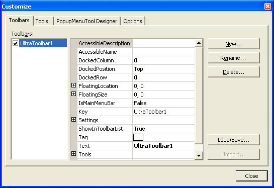 Ultratoolbarsmanager customize dialog with toolbars tab selected