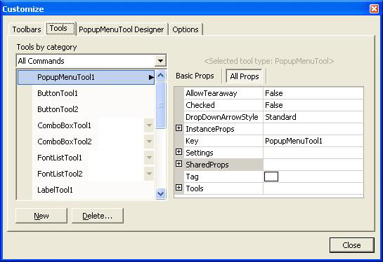 ultratoolbarsmanager customize dialog with tools tab selected