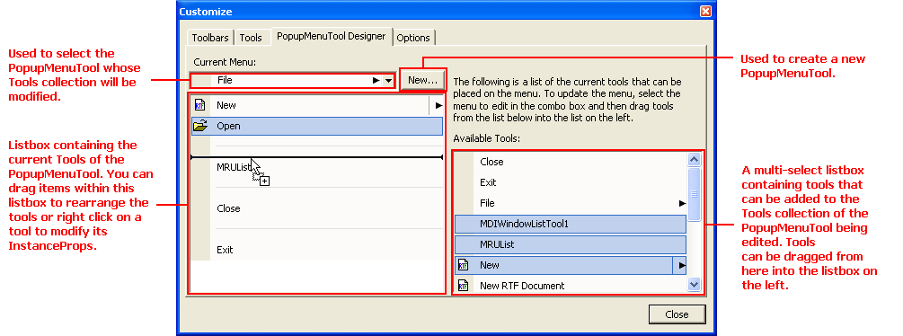 ultratoolbarsmanager customize dialog popupmenutool designer tab selected and explained