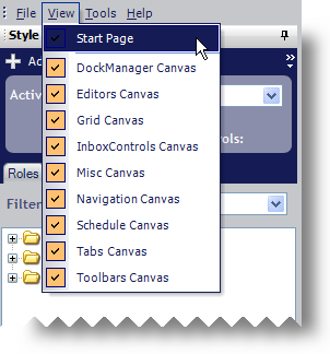 Shows the View menu in WinAppStylist that allows you to show or hide Canvases.