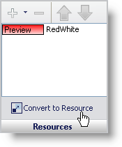 Shows the location of the Convert to Resource button in the Resources panel.