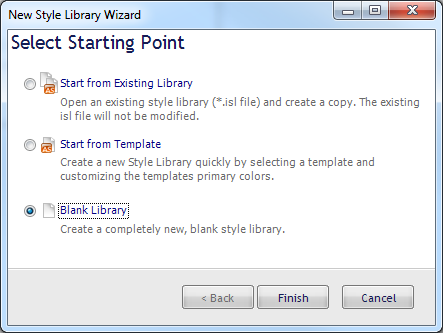The New Style Library Wizard dialog box with the Blank Library radio button selected.