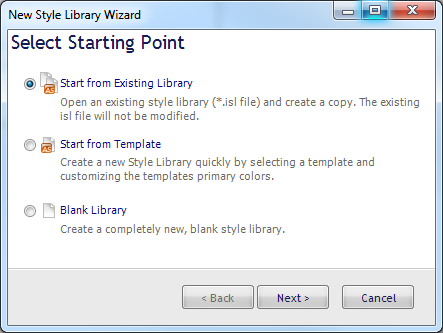 The New Style Library Wizard dialog box with the Start from Existing Library radio button selected.