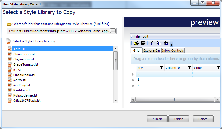 The New Style Library Wizard dialog box showing the ISL file browser screen.