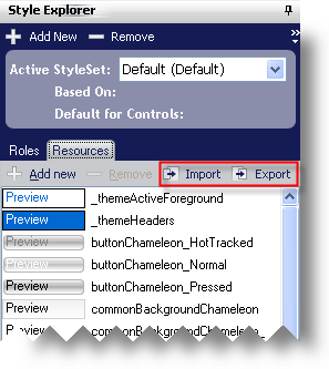 Shows the location of the Import and Export buttons from the Resources tab in Style Explorer.
