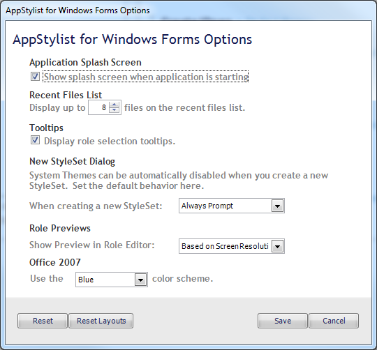 Shows the AppStylist for Windows Forms Options Dialog Box.