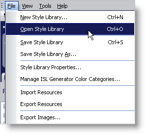 Shows the Open Style Library menu item that is available under the File menu.