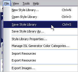 Showing the Save Style Library menu item that's under the File menu.