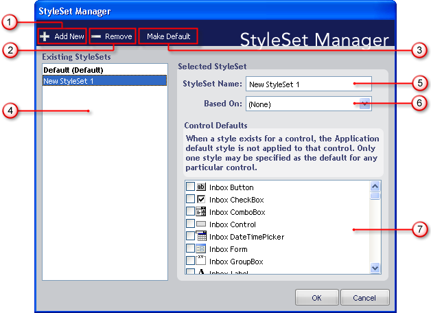 Shows the StyleSet Manager Dialog Box with callouts pointing to the key areas which are described below.