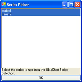 The Series Picker dialog that appears when you select the Series property on a ChartLayer in the ChartLayer Collection editor.