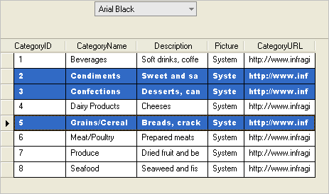 example results of wingrid changing the font of a selected row.