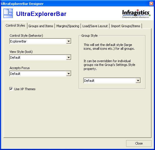 ultraexplorerbar designer control styles tab selected
