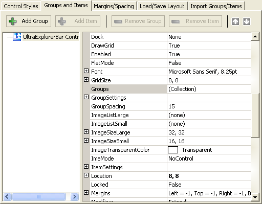 ultraexplorerbar designer groups and items tab selected