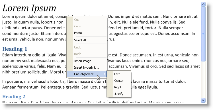 Image of formatted text and context menu