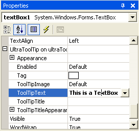 shows the properties window for a control that has been extended by the ultratooltipmanager