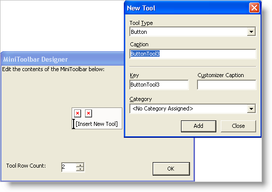 new tool dialog box and minitoolbar designer
