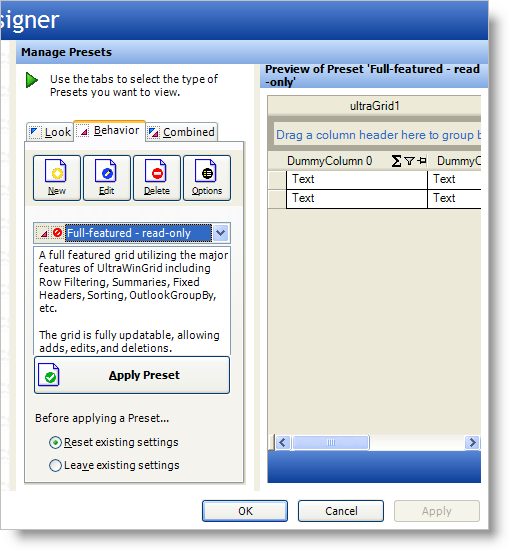 The preset chooser area for windows forms controls.