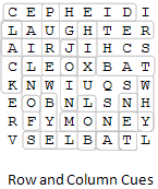 word search puzzle showing example of row and column cues