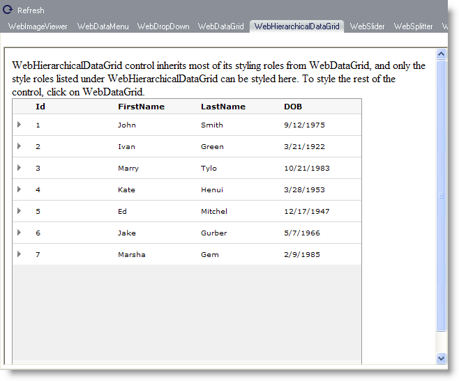 The canvas for the WebHierarchicalDataGrid control.