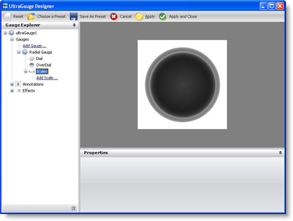 The gauge designer with the scales option selected in the gauge explorer.