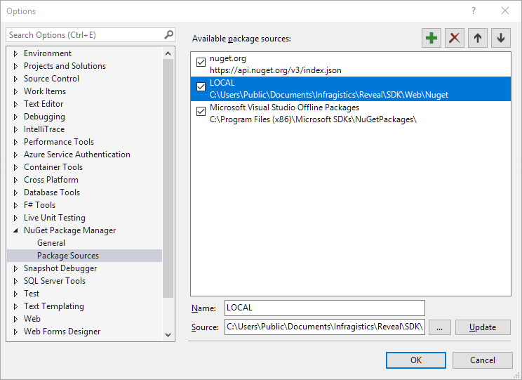 adding a new package source to the available package sources dialog