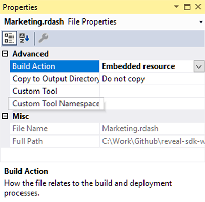 setting build action in marketing.rdash file properties