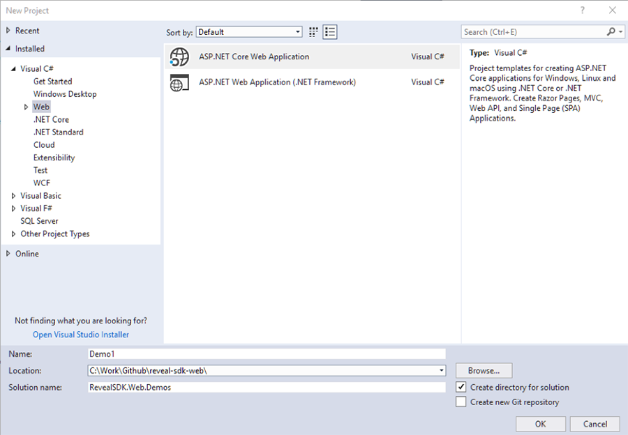 create new project dialog in Visual Studio 2017
