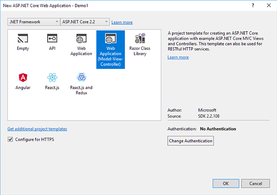 select framework and mvc for project dialog in Visual Studio 2017