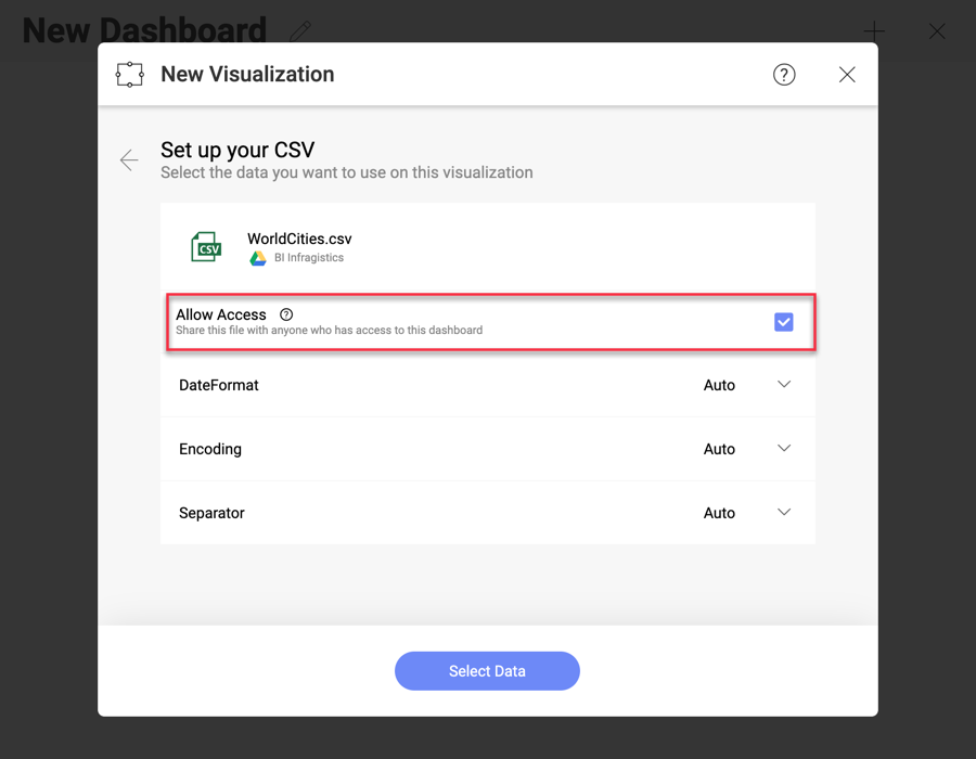 Allow access checkbox in the Set up your file dialog