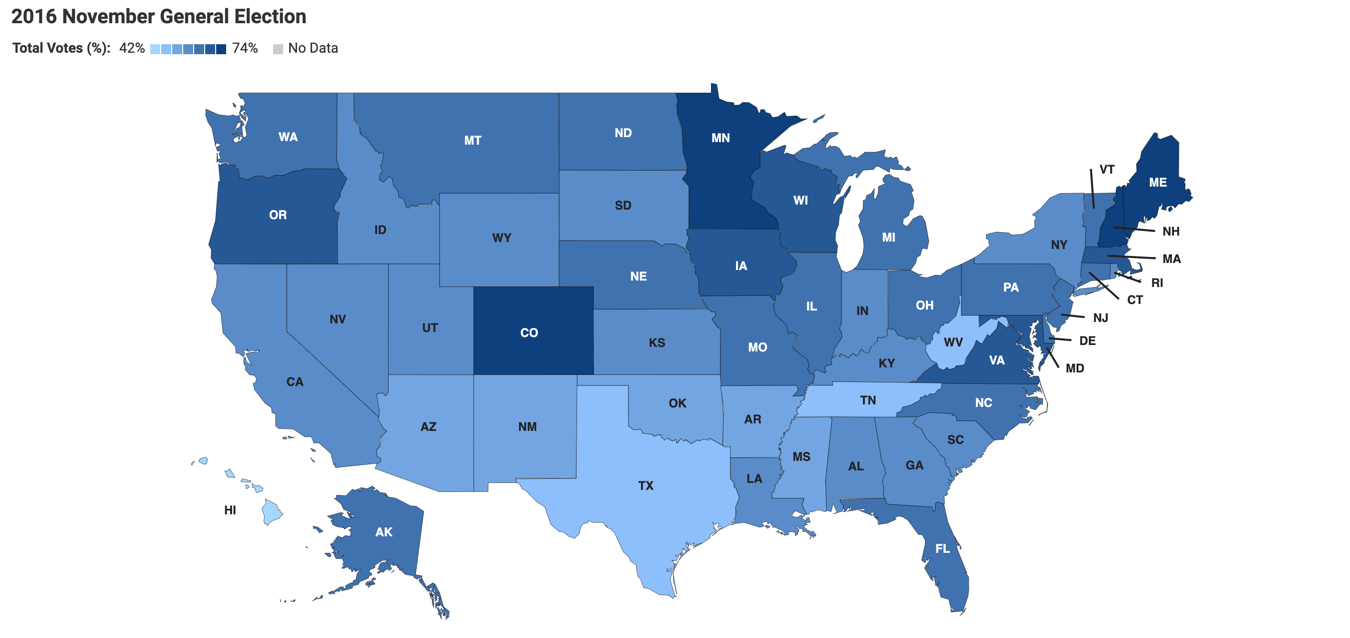 A choropleth map showing 2016 general elections in the US