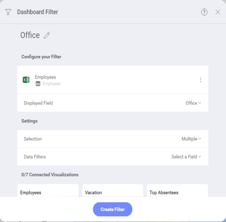 Dashboard Filter settings menu