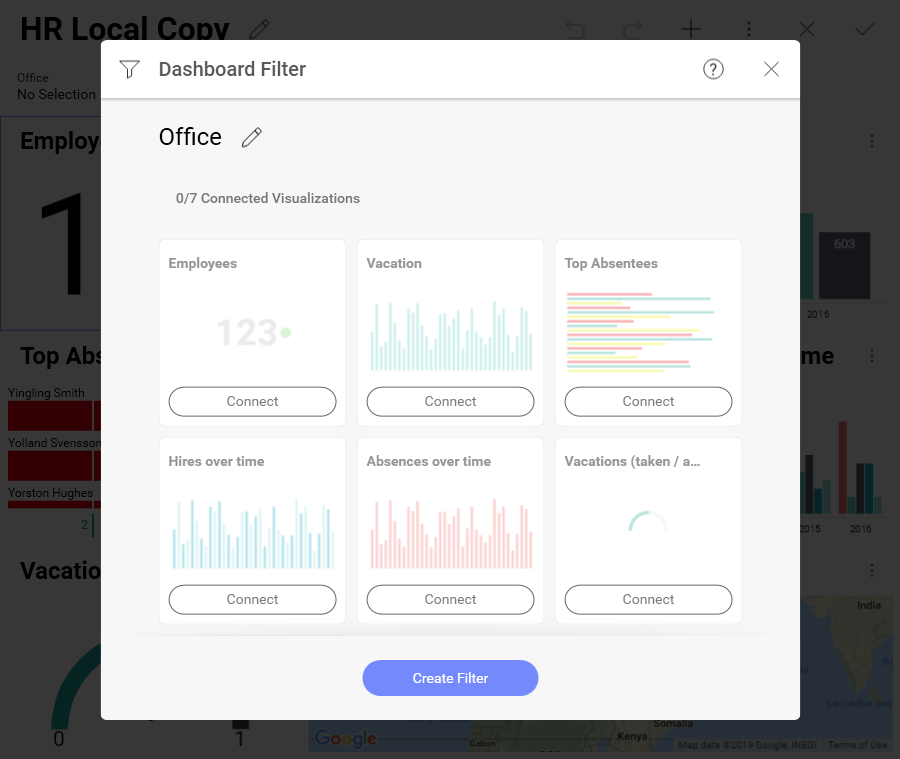 dashboard filters menu