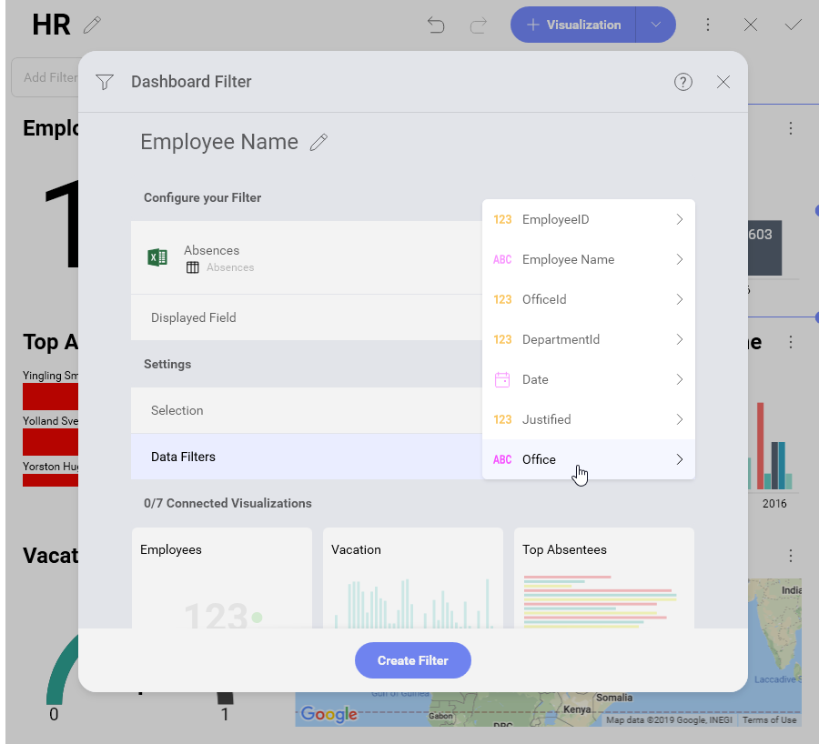 Selecting a field for a data filter in the dashboard filter settings menu
