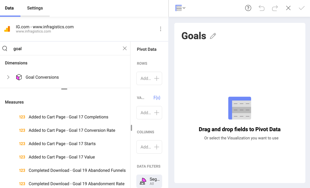 Goals examples in the list of Dimensions and Measures data types