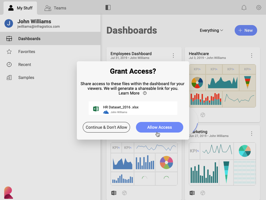 A dialog to grant access to cloud file data sources