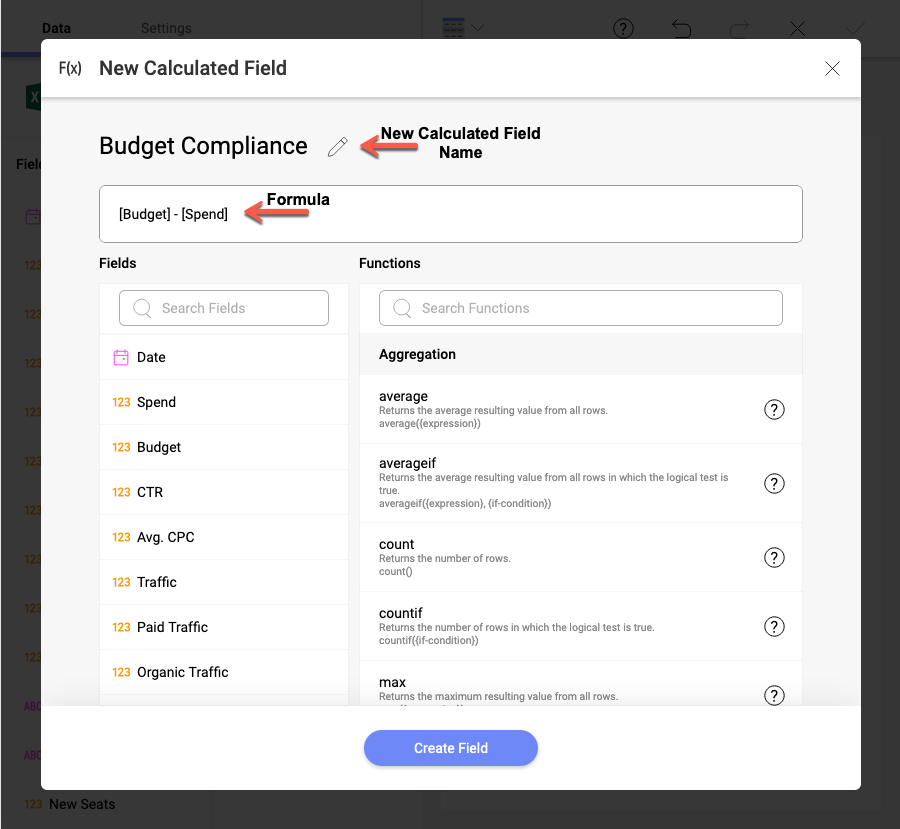 New calculated field screen