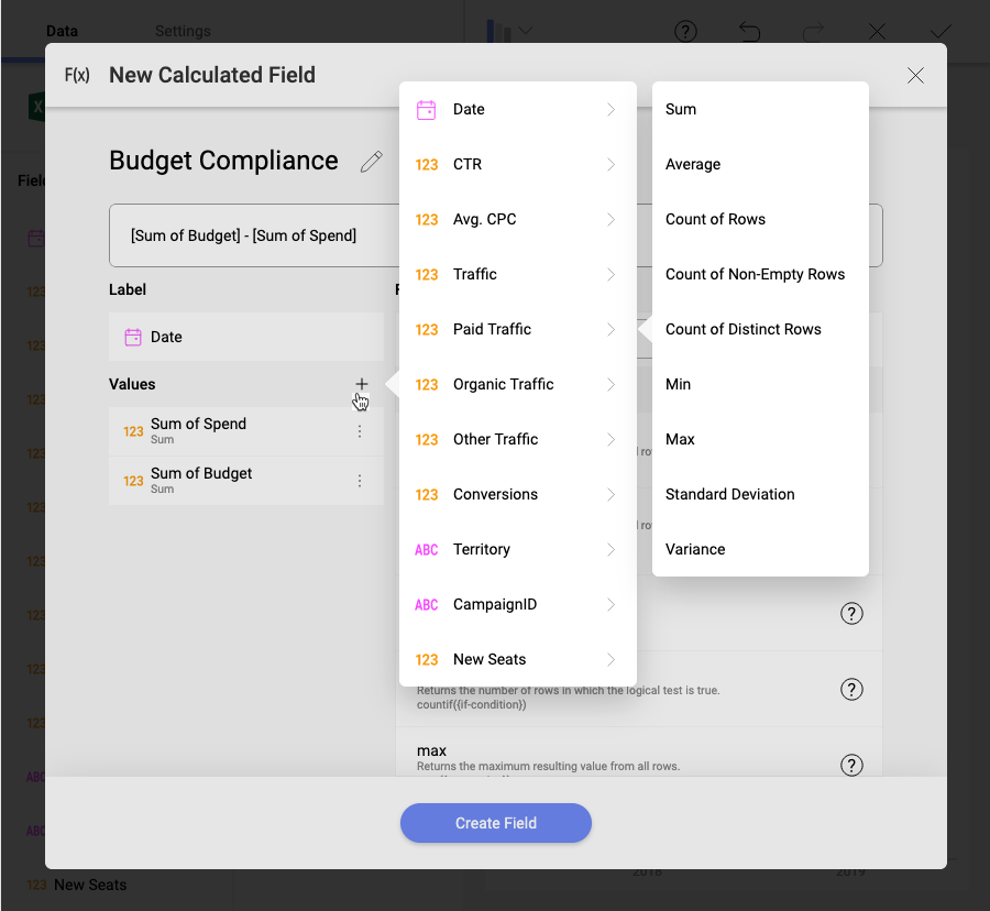 Adding fields in the calculated field screen