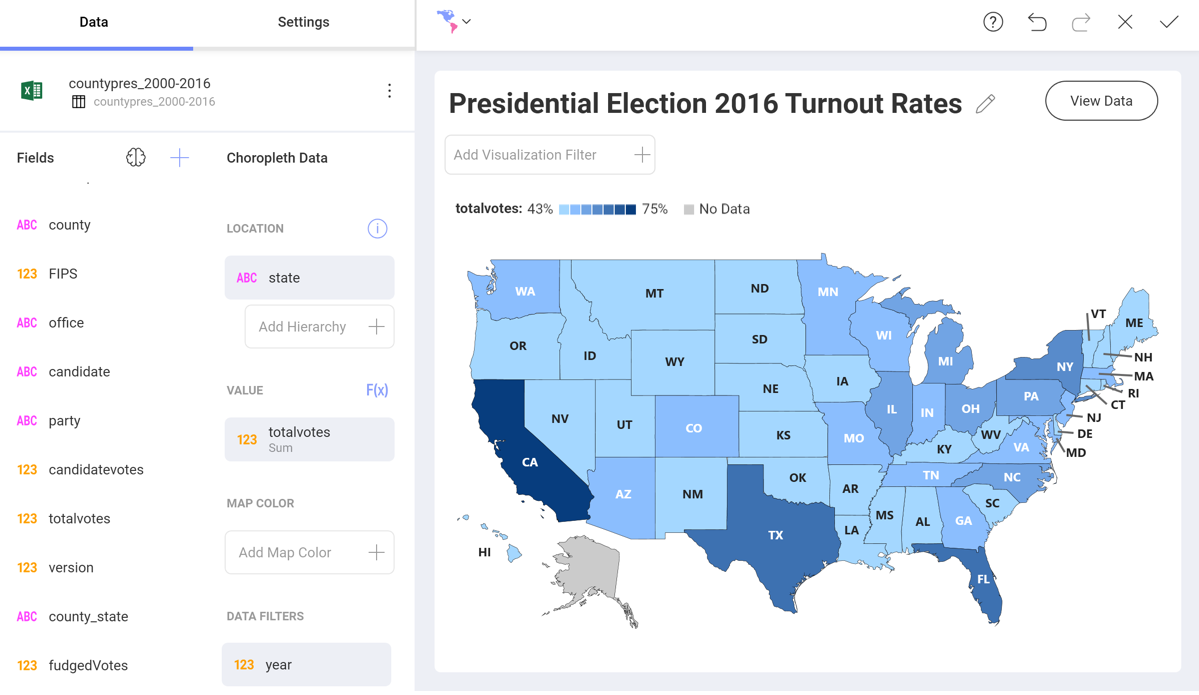 Select choropleth map visualization from the Change Visualization menu in the Visualization editor