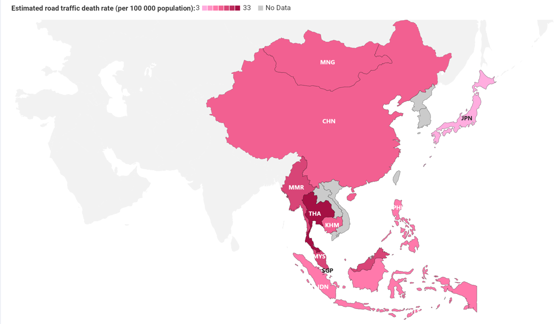 A choropleth map of Eastern Asia showing traffic deaths per 100 000