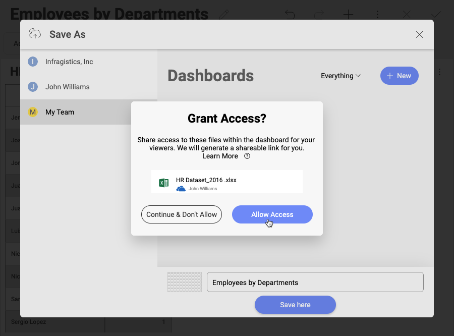Allow access to a dashboard with a disabled link when saving in a team