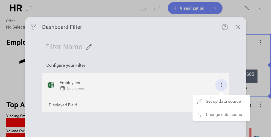 Selecting Dashboard Filter data source menu