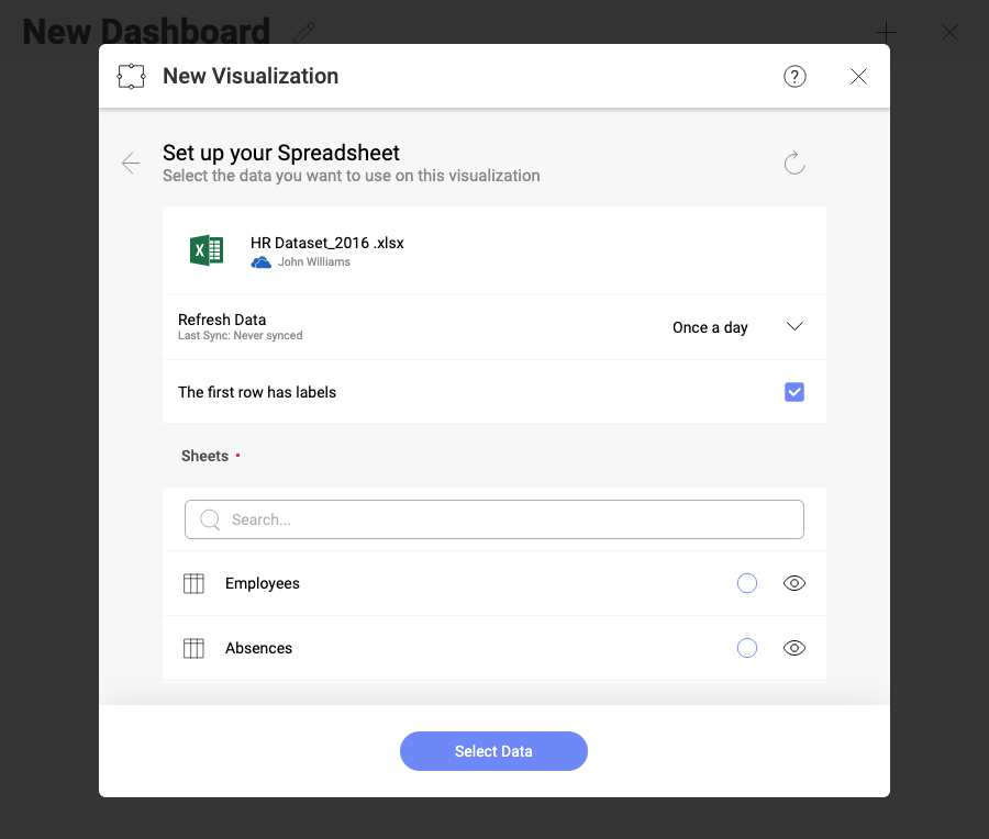 select data source sheet to create dashboards